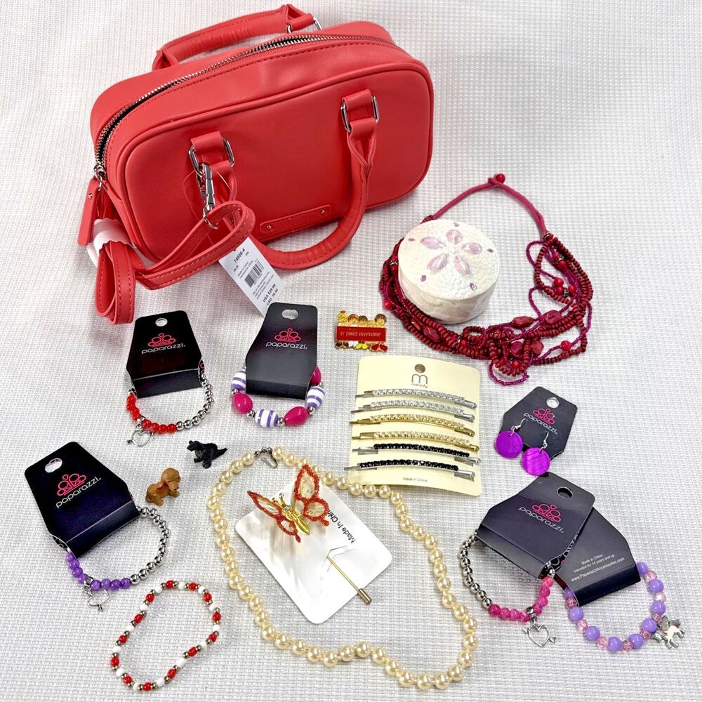 Girl's Lot of Costume Jewelry, New Purse & Iridescent Trinket Dish (most new)